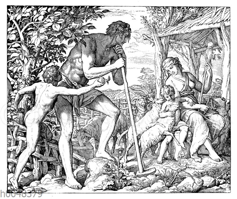 Adam und Eva bei der harten Arbeit nach der Verstoßung aus dem Paradies