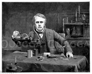 Thomas Alva Edison an seinem Phonographen