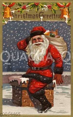 Weihnachtsmann mit einem Sack voller Geschenke klettert in einen Schornstein