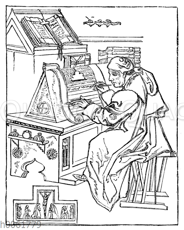 Schreibender Klosterbruder in seiner Zelle