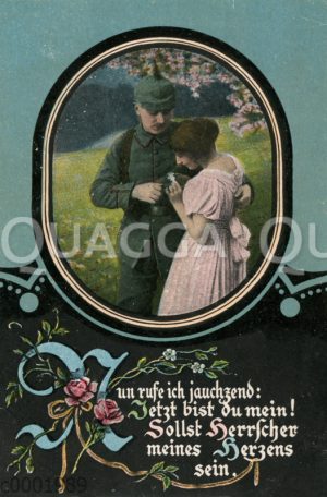 Soldat mit Pickelhaube und junge Frau