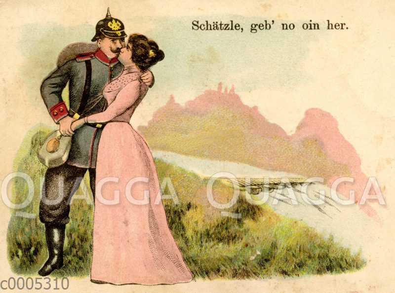 Soldat mit Pickelhaube küsst Frau