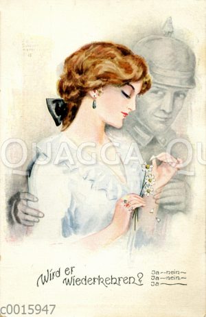 Frau und Soldat mit Pickelhaube: 'Wird er wiederkehren? [Digital]