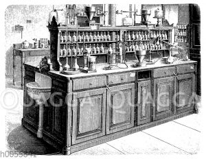 Arbeitstisch mit vier Plätzen im Chemischen Laboratorium der Universität Leipzig