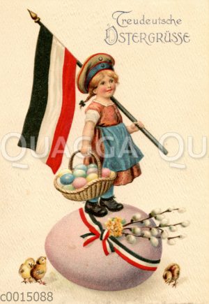 Mädchen steht mit Reichsfahne auf einem Osterei