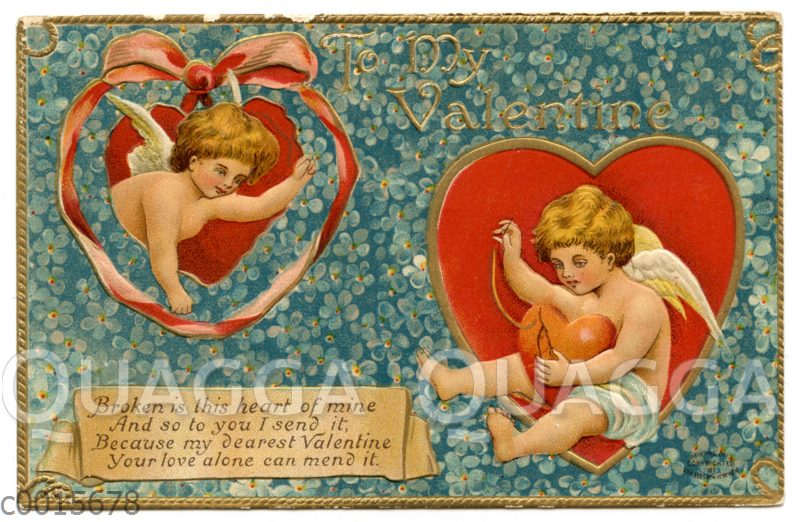 Valentinskarte mit abgestoßenen Rändern: Engel flicken ein Herz