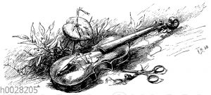 Geige mit zerschnittenen Saiten im Gras