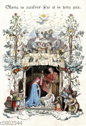 Krippe, Heilige Familie im Stall, Engel, Landleute, Josef, Maria, Jesuskind, Christikind, Glocken, Stern, Äpfel, Apfel [Digital]