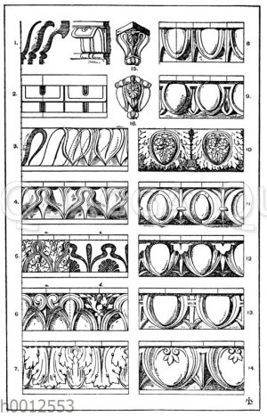 Blattstäbe und Eierstäbe: 1.u.3. Erläuterungsfiguren zur Entstehungsgeschichte. 2. Griechisch-dorischer Blattstab. 4. Blattstab vom Erechtheion in Athen. 5-6. Korrupte antike Blattstäbe nach Bötticher. 7. Römischer Akanthusblattstab nach Jacobsthal. 8. Griechischer Eierstab vom Erechtheion in Athen. 9. Sogenannter Campana-Eierstab (an einer Menge grako-italischer Terrakotten der Campanasammlung vorbanden). 10. Kolossaler Eierstab vom Tempel des Jupiter tonans in Rom. 11. Romanischer Eierstab von der Kathedrale in Arles. (Raguenet). 12.-13. Renaissance-Eierstäbe nach Raguenet. 14. Eierstab. (Raguenet), 19. Jahrhundert [Digital]