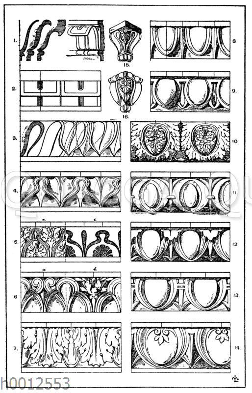 Blattstäbe und Eierstäbe 1.u.3. Erläuterungsfiguren zur