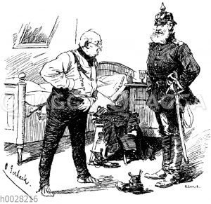 Soldat mit Pickelhaube und sich ankleidender Mann