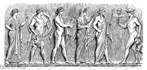 Aphrodite, Ares, Apollo, Hera, Zeus, Hermes. Relief von einem griechischen Altar [Digital]