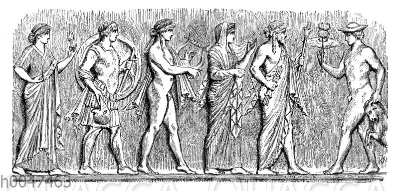 Aphrodite, Ares, Apollo, Hera, Zeus, Hermes. Relief von einem griechischen Altar [Digital]