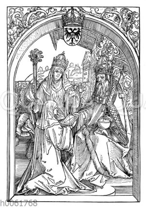 Roswit überreicht Otto dem Großen und dem Erzbischof Wilhelm von Mainz ihre Werke