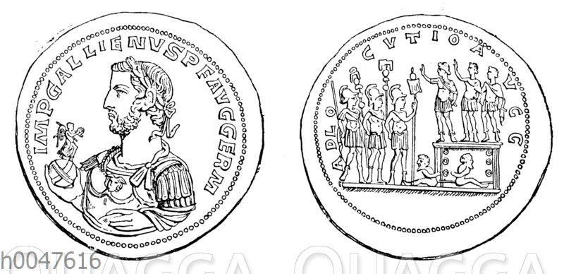 Porträt des Gallienus auf einem Bronzemedaillon. Auf der Rückseite Valerianus und Gallienus in der adlocutio. Am Fuß der Estrade zwei germanische Gefangene