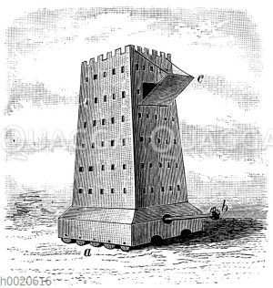 Helepole oder Wandelturm. a Räder oder Rollen. b Sturmbock. c Fallbrücke