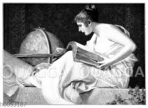 In einem Folianten lesende Frau mit Globus