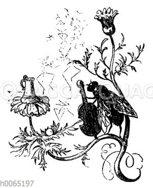 Vignette: Fliege mit Blumen und Violoncello