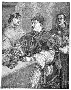 Papst Leo X (1513-1521) mit zwei Kardinälen