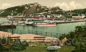 Coblenz am Rhein. Ausgefahrene Schiffsbrücke und Festung Ehrenbreitstein