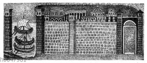 Der befestigte Hafen von Ravenna (civitas Classis). Mosaikbild in der S. Apollinare nuovo in Ravenna