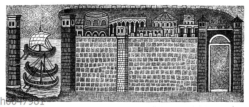 Der befestigte Hafen von Ravenna (civitas Classis). Mosaikbild in der S. Apollinare nuovo in Ravenna