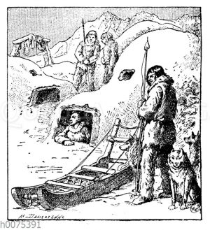 Eskimos mit Schlitten und Iglu