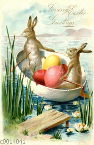 Zwei Osterhasen mit Eiern rudern in einem Boot aus einer Eihälfte