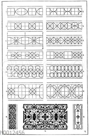 Bandmotive: 4. u. 6. Für die Figuren 4 und 6 kann die Dachdeckung als Vorbild angeführt werden. 10. Figur 10 hat ein natürliches Vorbild in der Honigzellenbildung der Bienen. 13.-15. Entwürfe zu Kassettendecken von Sebastian Serlio. 16. Jahrhundert (Formenschatz)