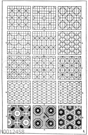 Flachmustermotive: 4. u. 6. Für die Figuren 4 und 6 kann die Dachdeckung als Vorbild angeführt werden. 10. Figur 10 hat ein natürliches Vorbild in der Honigzellenbildung der Bienen. 13.-15. Entwürfe zu Kassettendecken von Sebastian Serlio. 16. Jahrhundert (Formenschatz)