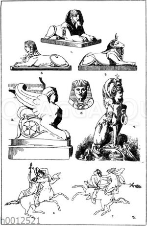 Sphinxe und Kentauren: 1. Liegender Sphinx. Ägyptisch. Original im Louvre in Paris. (Raguenet). 2. Liegender Sphinx mit Widderkopf. Ägyptisch. (Raguenet). 3. Untere Ecklösung eines antiken Kandelabers. Römisch. 4. Sitzende Sphinx. französisch. Feuerhund oder Feuerbock in Bronze von Bildhauer Piat. (L'art pour tous)
