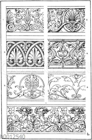 Laufende Endigungen: 1. Griechisches Friesornament vom Erechtheion in Athen. 2. Römisches Friesornament. Restauriert. (Fragments de l'architecture antique). 3. Romanisches Friesornament aus dem 13. Jahrhundert. (Musterornamente). 4. Arabisches Ornament aus der Moschee des Sultans Hassan in Kairo. 14. Jahrhundert. 5. Marmorfries. Ital. Renaissance. Vom Grabmal des Conte Ugone