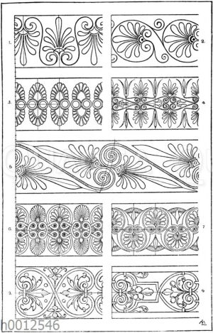 Palmettenbänder: 1. 2. 3. u. 5. Bemalungen griechischer Tongefäße. 4