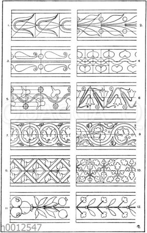 Blattbänder und Rankenbänder: 1.-6. Bemalungen griechischer Tongefäße. 7.-8. Französische Wandmalereien. 13. Jahrhundert (Racinet). 9. Von einem Glasfenster aus der Kathedrale in Bourges. 14. Jahrhundert (Racinet). 10. Originelles mittelalterliches Blattband. 11. Intarsiastreifen aus St. Maria in Organe in Verona. 1499. 12. Französische Tellerumrahmung