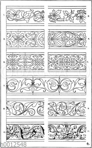 Blattbänder und Rankenbänder: 1.-2. Lederpressungen aus dem 16. Jahrhundert Rathausbibliothek zu Schwäbisch-Hall. (Musterornamente). 3. Terrakottafries aus Schloss Schalaburg in Nieder-Österreich. (Wiener Bauhütte). 4. Intarsiafries aus dem Schloss Schalaburg in Nieder-Österreich. (Wiener Bauhütte). 5. -6. Gewandsäume von Grabmälern in Niederstetten und Lensiedel. 16. Jahrhundert (Musterornamente). 7. Renaissance Schriftverzierung. 8.-9. Bordüren. Deutsche Renaissance. (Hirth