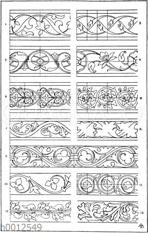 Blattbänder und Rankenbänder: 1.-3. Bordüren von persischen Metallgefäßen. (Racinet). 4. Indisch. 5. Byzantinisches Glasmosaik aus San Marco in Venedig. (Musterornamente). 6. Romanische Initialverzierung aus dem 13. Jahrhundert. Berliner Museum. 7. Romanische Umrahmung vom Portal des Doms zu Lucca. (Musterornamente). 8. Gotische Flachschnitzerei aus dem Ende des 15. Jahrhunderts (Musterornamente). 9. Mittelalterliche Wandmalerei aus einer schwedischen Kirche. 10. Französische Wandmalerei. 13. Jahrhundert (Racinet). 11. Frühgotisches