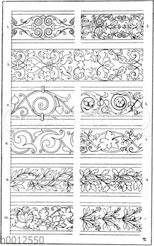 Blattbänder und Rankenbänder: 1. Bordüre von einem Bilde des Domenico Zampieri. 16. Jahrhundert (Musterornamente). 2. Bordüre plastisch verzierter Halbsäulen aus Sta. Trinità in Florenz. (Ital. Renaissance). 3. Intarsiafries vom Chorgestühl in San Domenico in Bologna. Ital. Renaissance. 4. Von einem schmiedeeisernen Balkongitter aus Mailand. (Gewerbehalle). 5. Beliebtes plastisches Friesmotiv der ital. Renaissance. 6. Französische Bordüre. (Cäsar Daly)