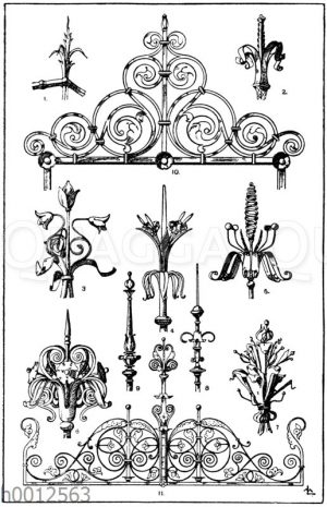 Blumen in Schmiedeisen: 1. Eckpartie eines mittelalterlichen Gitters. (Viollet-le-Duc). 2. Partie von einem Gitter. Kathedrale zu Toulouse. 15. Jahrhundert. Viollet-le-Duc. 3. Krönung eines Brunnens im Museum Cluny in Paris. 15. Jahrhundert. (L'art pour tous). 4. Partie von einem spanischen Gittertor. 14. Jahrhundert. (L'art pour tous). 5. Partie von einer Kanzeltreppentüre im Münster zu Freiburg. 16. Jahrhundert. (Schauinsland). 6. Schmiedeiserne Blume aus dem 16. Jahrhundert. (Guichard). 7. Endigungen von einem Wandarm aus Brügge 17. Jahrhundert