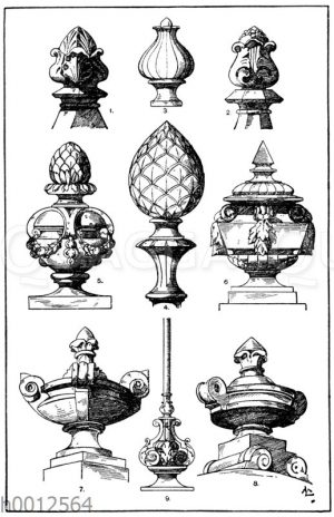 Knöpfe und Wasen: 1.-2. Steinknöpfe vom Dom zu Mailand. Italienische Gotik. (Raguenet). 3. Knopf. 19. Jahrhundert. 4. Pinienzapfen