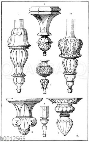 Hängezapfen: 1.-2. Hängezapfenmotive nach Jacobsthal. Von einem antiken Dreifuß. 3.Unteres Ende einer Treppenlaterne aus Dijon. Französische Renaissance. (L'art pour tous). 4. Unteres Ende eines Kronleuchters in Bronce. 17. Jahrhundert. (L'art pour tous). 5. Unterer Abschluss eines Taufbeckens. Französische Renaissance. 16. Jahrhundert. Kirche zu Moret. (L'art pour tour). 6. Stukkaturarbeit. 7. Moderner Hängezapfen aus Holz.