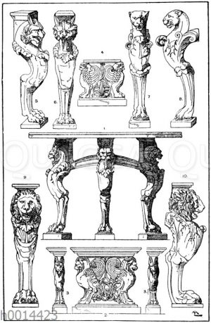 Trapezophoren: 1. Dreifüßiger Tisch. Römisch. Füße Marmor