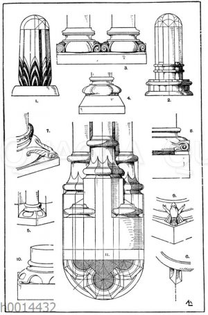 Säulenfüße: 1. Ägyptische Basis vom Tempel Thutmes' III. zu Karnac. (Raguenet). 2. Chinesische Basis. (Raguenet). 3. Romanische Doppelbasis von der Kirche in Schwarzach. 4-6. Verschiedene mittelalterliche Säulenfüße. 7. Romanischer Säulenfuß. 8. Romanische Basis aus der Kirche St. Remy zu Reims. (Raguenet). 9. Romanische Basis aus dem Zisterzienserkloster zu Maulbronn. 10. Romanische Basis aus der Abtei „des Dames" zu Caen. (Raguenet). 11. Gotische Basis von der Kirche zu Brou-Asn. (Raguenet)
