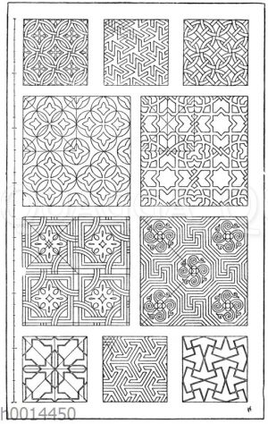 Mosaikmuster: 1. Mosaikmuster aus der Kathedrale zu Monreale auf Sicilien. 2. Arabische Mosaikarbeit in Stuck auf Stein. (Prisse d'Avennes). 3. Römisches Mosaikmuster. 4. Marmormosaik in den Fensterleibungen im Dom zu Florenz. (Hessemer). 5. Geometrisches Flachmuster von einem Kreuze in Sta. Croce in Florenz. 6. Marmormosaik aus San Vitale in Ravennä. (Hessemer). 7. Würfelmosaik. Albergo di Roma in Sorrent. 8 u. 10. Maurische Mosaikmuster aus der Gesandtenhalle der Alhambra in Granada. (Owen Jones). 9. Arabische Mosaikarbeit in Stuck auf Stein. (Prisse d'Avennes)