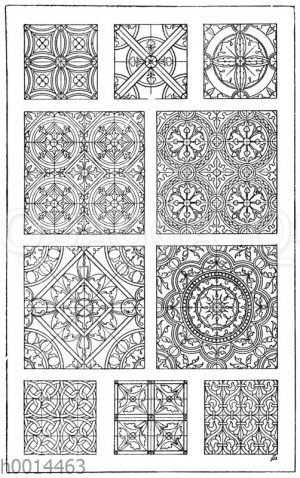 Glasmalereimuster: 1.-10. Verschiedene Glasmalereimuster (Teppiche) aus der romanischen und frühgotischen Zeit. (Owen Jones