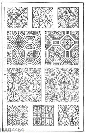 Wandmalereimuster: 1.-2. Schablonenmalerei von einem alten Schranke aus Brandenburg. Anfang des 15. Jahrhundert (Musterornamente). 5. Malerei aus Sta. Croce in Florenz. Ital. Renaissance. 4.-5. Altitalienische Wandmalereien aus der Oberkirche zu Assisi. 13. Jahrhundert (Hessemer). 6 u. 10. Französische Kirchenmalereien in mittelalterlichem Stile. 19. Jahrhundert. 7. Schablonenmalerei aus Schloss Trausnitz zu Landshut. Ende des 16. Jahrhundert (Gewerbehalle). 9. Wandmalerei aus dem Palazzo del Podestà in Florenz. 14. Jahrhundert (Musterornamente)