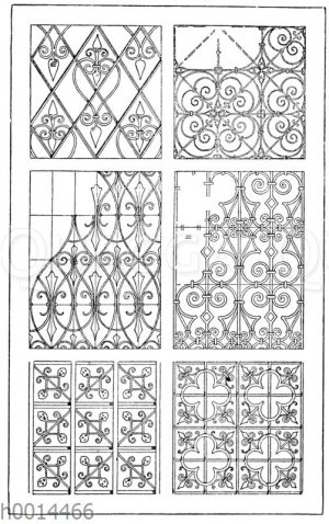 Gitter: 1. Spätgotisches Gittermotiv vom Chorabschluß im Münster zu Konstanz. 15. Jahrhundert. 2. Gittermotiv im Stile der deutschen Renaissance. 3. Gittermotiv im Stile der italienischen Renaissance. 4. Türgitter von Ende und Böckmann in Berlin. (Gewerbehalte). 19. Jahrhundert. 5. Gittermotiv von Schlossermeister Klain in Salzburg. Deutsche Renaissance. 17. Jahrhundert. 6. Gittermotiv im Stile der deutschen Renaissance.