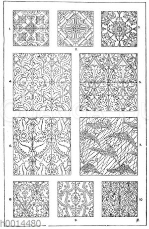 Textilmuster: 1. Motiv von einem bischöflichen Gewände. Sakristei in Sta. Croce in Florenz. 2. Kopfkissenmuster von einem Grabmal in St. Georg in Tübingen. Deutsche Renaissance. (Gewerbehalle). 3. Spitzenmuster aus dem 16. Jahrhundert Deutsche Renaissance.Von Hans Siebmacher. 4. Lederpressung eines Buchdeckels. 17. Jahrhundert Deutsche Renaissance (Gewerbehalle). 5. Stoffmuster. Deutsche Renaissance. (Musterornamente). 6. Teppichmuster aus Rottweil. Deutsche Renaissance. (Gewerbehalle). 7. Japanischer Seidenstoff
