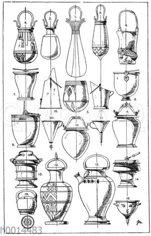 Eimer und Trichter: 1. Ägyptischer Eimer. Theben. Zeit Thutmes' III. 2.-4. Ägyptische Bronzeeimer. 5. Eimerähnliches ägyptisches Gefäß ohne Henkel. 6. Assyrischer Eimer mit Strickhenkel. 7.-11. Gräko-italische (etruskische) Bronzeeimer verschiedener Form. 12. Antikes Eimergefäß mit Bügelhenkel. Roter Ton