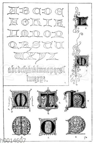 Gotische Unzialschrift: 1. Alphabet aus dem 14. Jahrhundert. (John Weale). 2.-3. Initialen aus dem 15. Jahrhundert. (Hrachowina). 4.-7. Initialen aus dem 14. Jahrhundert. 1330. 8.-9. Initialen aus dem Ende des 15. Jahrhunderts. (Formenschatz)