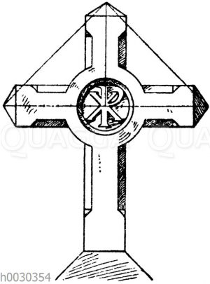 Kreuz in Stein: Französisches Friedhoßkreuz mit dem Monogramm Christi. In Genouilleux. Architekt Bailly